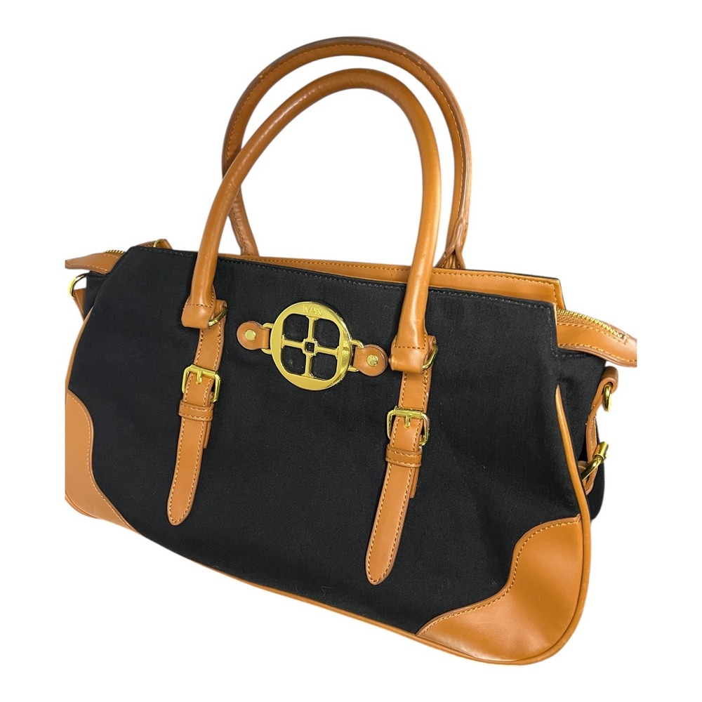 IMAN Black Canvas Tan Leather Trim Satchel Handbag Gold Logo Top Handles
